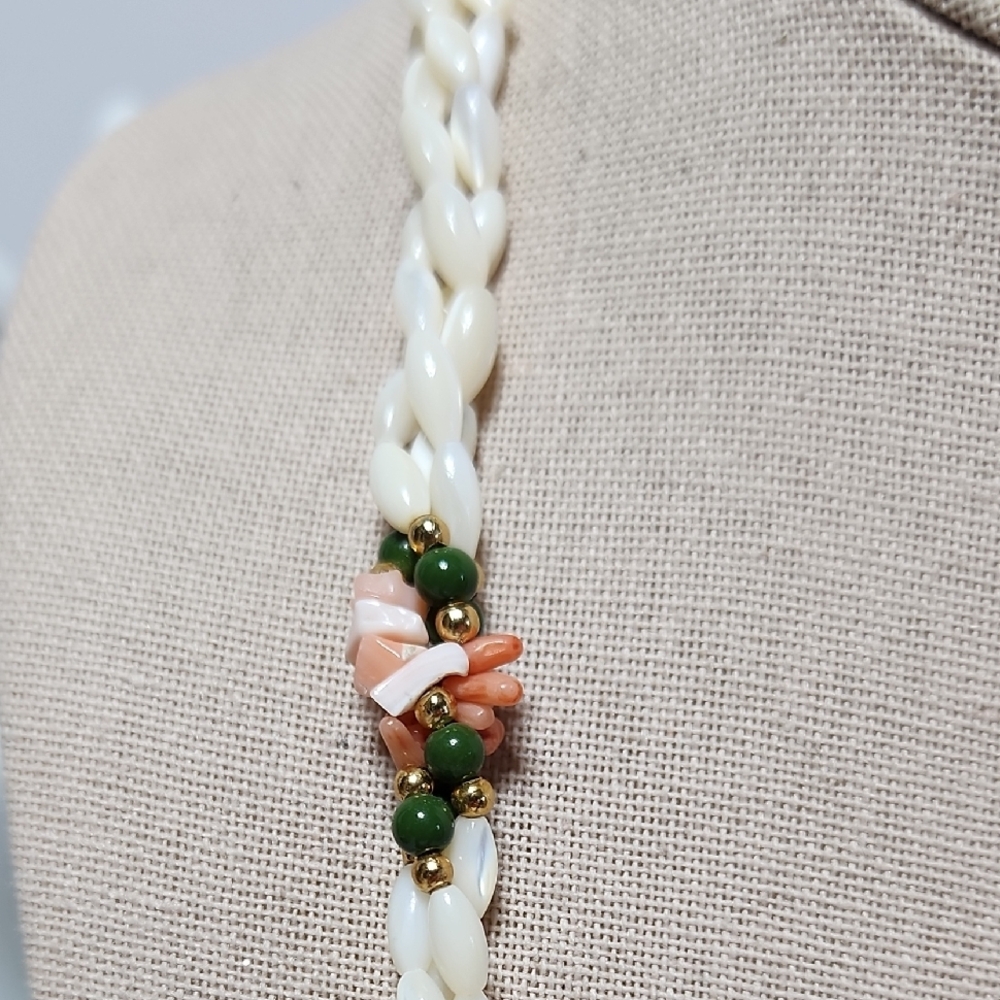 Genuine Rice Pearl, Green Jade, And Pink Spiny Oyster Shell Necklace - Picture 5 of 10